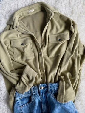Bittersweet Olive Green Fleece Shacket Button Front Shirt Jacket Cozy Small